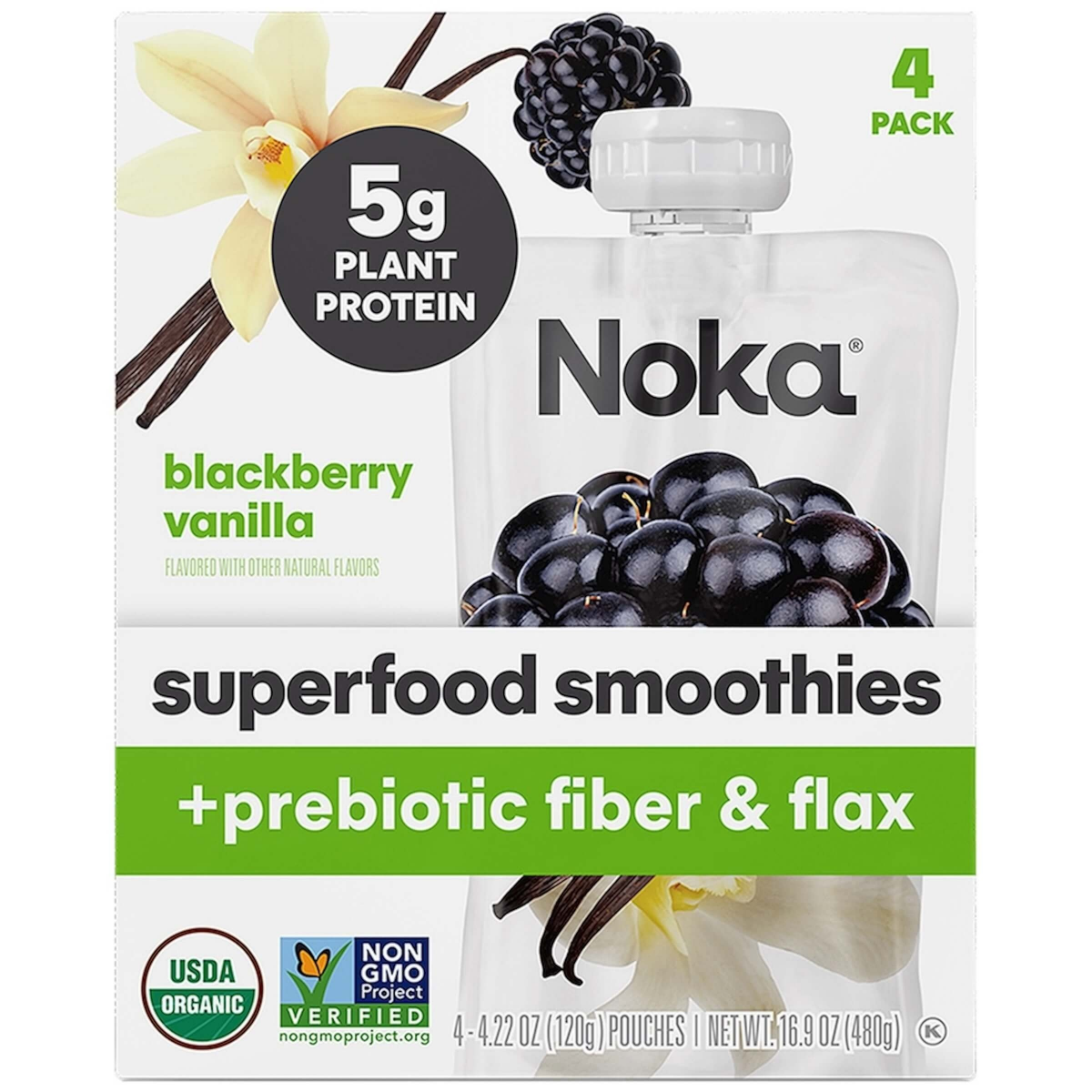 slide 1 of 16, Noka Superfood Fruit Smoothie Pouches, Blackberry Vanilla, Healthy Snacks with Flax Seed, Prebiotic Fiber and Plant Protein, Vegan and Gluten Free, Organic Squeeze Pouch, 4.22 oz, 4 ct