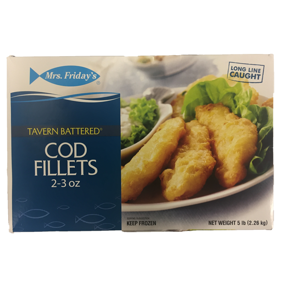 slide 1 of 1, Mrs Fridays Tavern Battered Alaska Cod 2-3 Oz (BULK), 5 lb