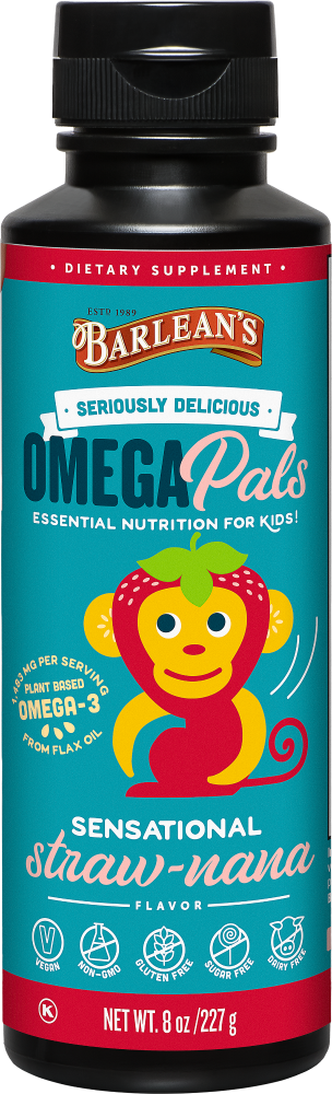 slide 1 of 1, Barlean's Omega Pals Sensantional Straw-Nana Flax Oil Dietary Supplement, 8 oz