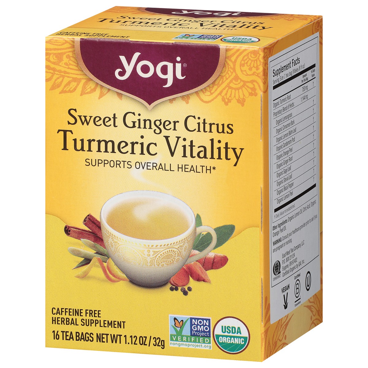 slide 9 of 9, Yogi Caffeine Free Turmeric Vitality Sweet Ginger Citrus Herbal Supplement 16 Bags, 16 ct