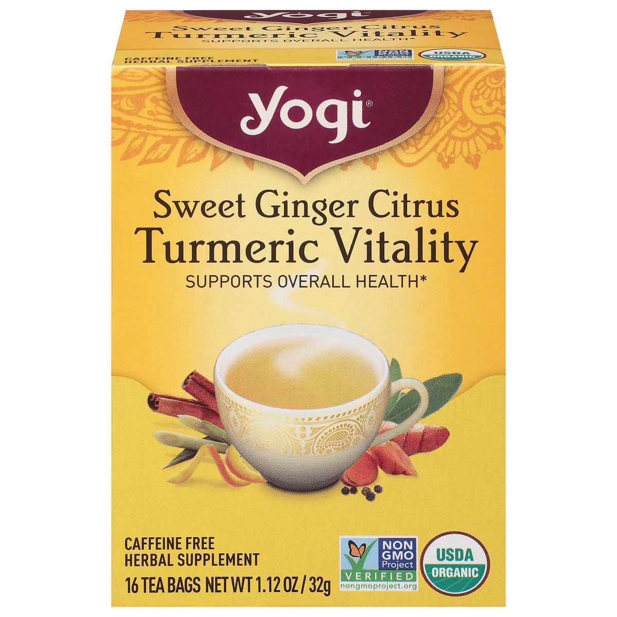 slide 1 of 9, Yogi Caffeine Free Turmeric Vitality Sweet Ginger Citrus Herbal Supplement 16 Bags, 16 ct