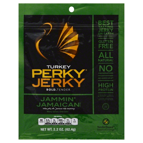 slide 1 of 1, Perky Jerky Jamaican Turkey Jerky, 2.2 oz