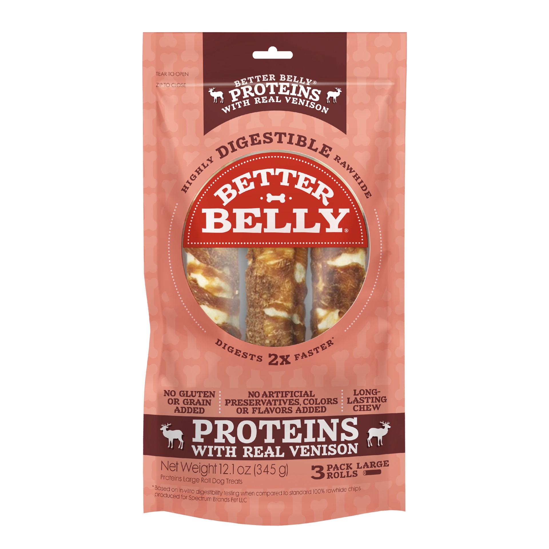 slide 1 of 10, Better Belly Proteins With Real Venison Large Rolls 3 Count, Digestible Rawhide For Dogs, 0.85 lb