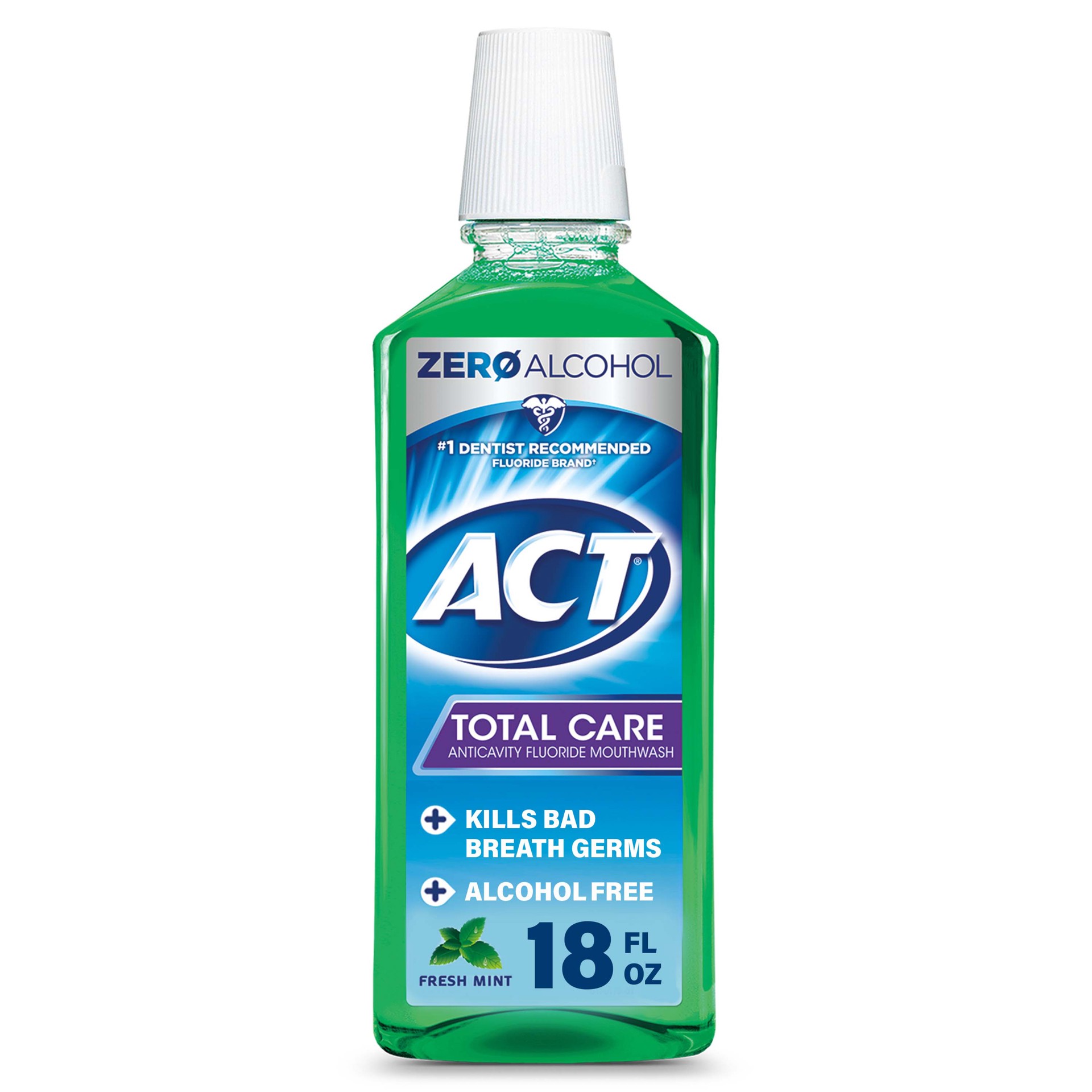 slide 1 of 3, ACT Total Care Anticavity Fluoride Mouthwash With Zero Alcohol, Fresh Mint, 18 fl. oz., 18 fl oz