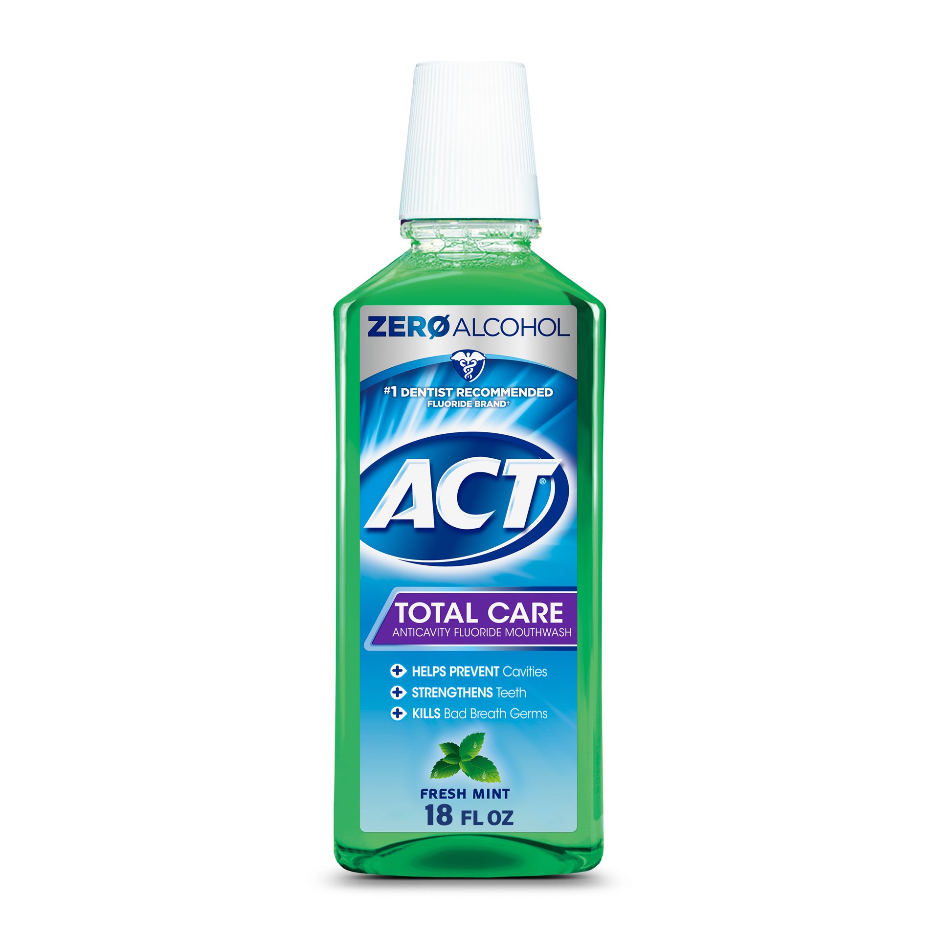 slide 1 of 3, ACT Total Care Anticavity Fluoride Mouthwash With Zero Alcohol, Fresh Mint, 18 fl. oz., 18 fl oz