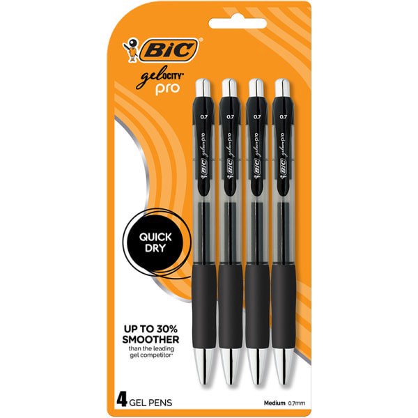 slide 1 of 10, BIC Gelocity Pro Gel Pen, Retractable, Medium Point 0.7MM, Clear Barrel, Black Ink, Pack Of 4, 4 ct