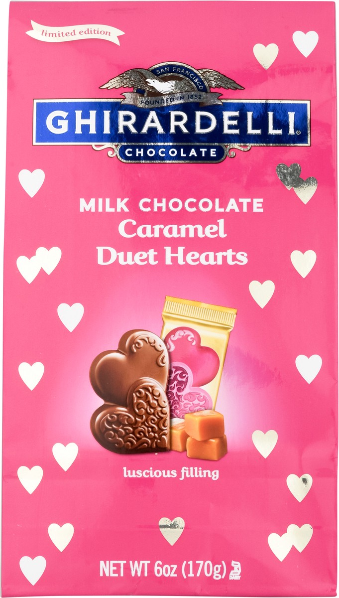 slide 1 of 9, Ghirardelli Caramel Duet Hearts Milk Chocolate 6 oz, 6 oz