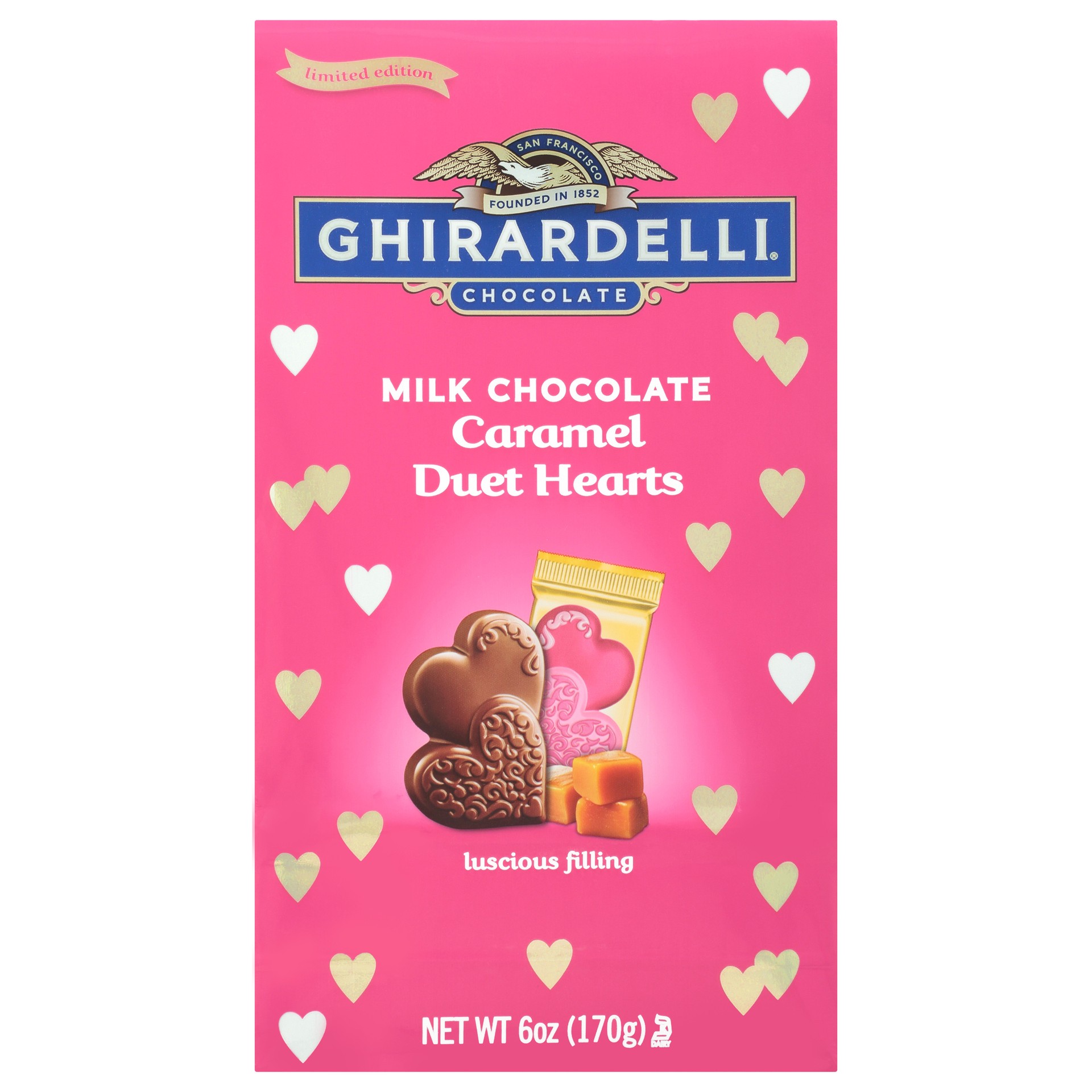 slide 1 of 9, Ghirardelli Caramel Duet Hearts Milk Chocolate 6 oz, 6 oz