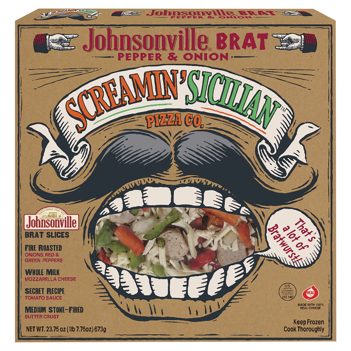 slide 1 of 1, Screamin' Sicilian Johnsonville Brat Pepper Onion Frozen Pizza, 23.75 oz