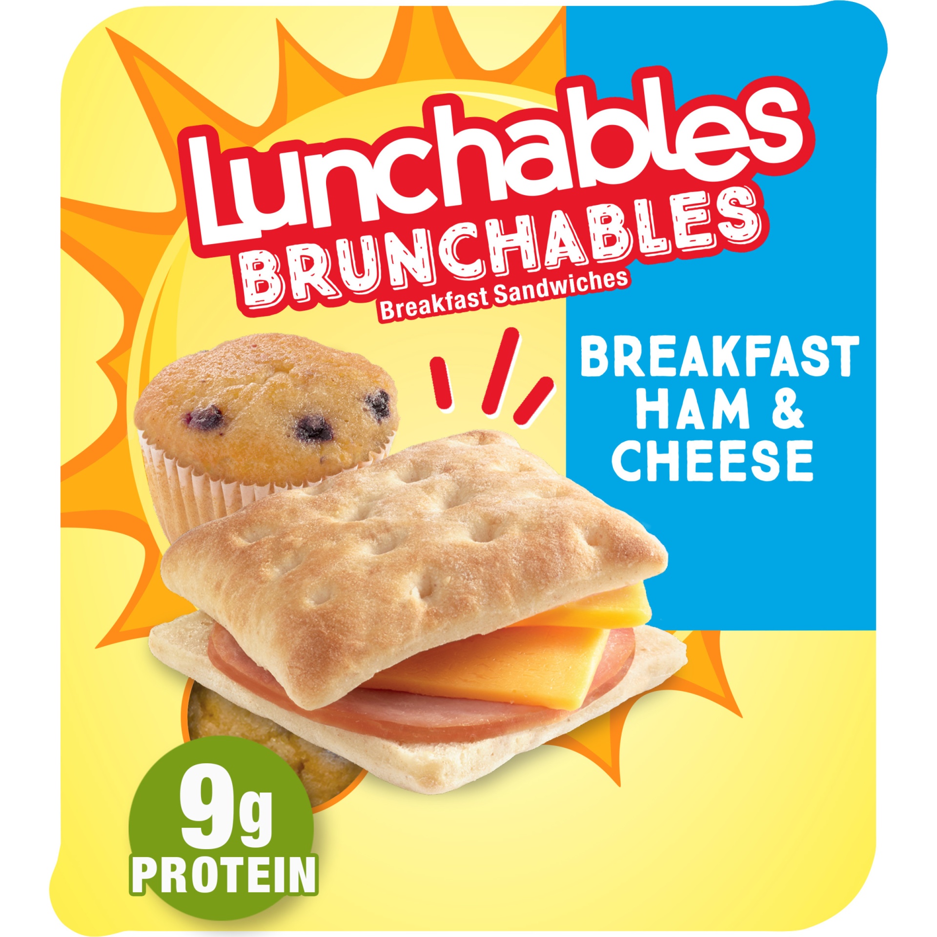 slide 1 of 1, Lunchables Brunchables Breakfast Sandwiches Meal Kit with Ham, Cheddar Cheese, Flatbreads & Blueberry Muffin Tray, 2.7 oz