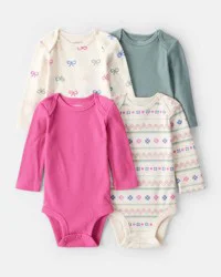 Carter's Carters Baby Girl 4-Pack Bow Print Long-Sleeve Multipack Bodysuits - Multi Cream/Green/Pink NB