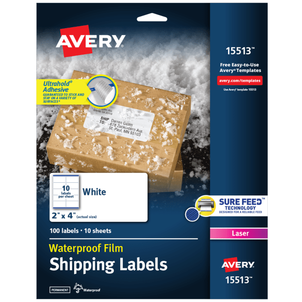 slide 1 of 9, Avery® Waterproof Shipping Labels With Ultrahold® Permanent Adhesive, Rectangle, 2""x4"", Matte White, Pack Of 100, 1 ct