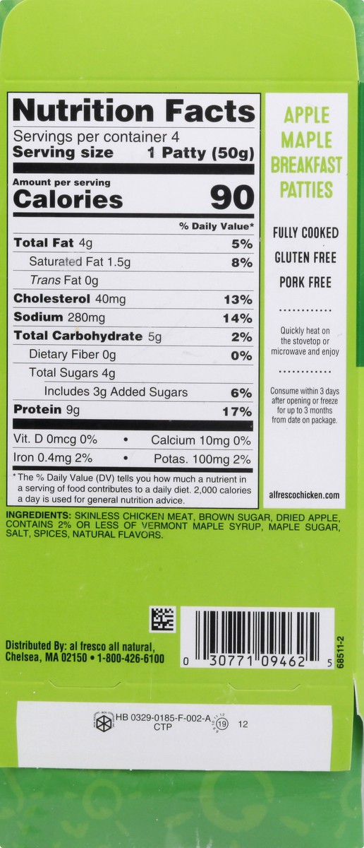 slide 2 of 13, Al Fresco Apple Maple Chicken Breakfast Sausage Patties, 7 oz, 4 ct