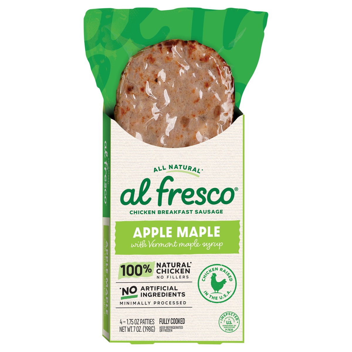 slide 1 of 13, Al Fresco Apple Maple Chicken Breakfast Sausage Patties, 7 oz, 4 ct