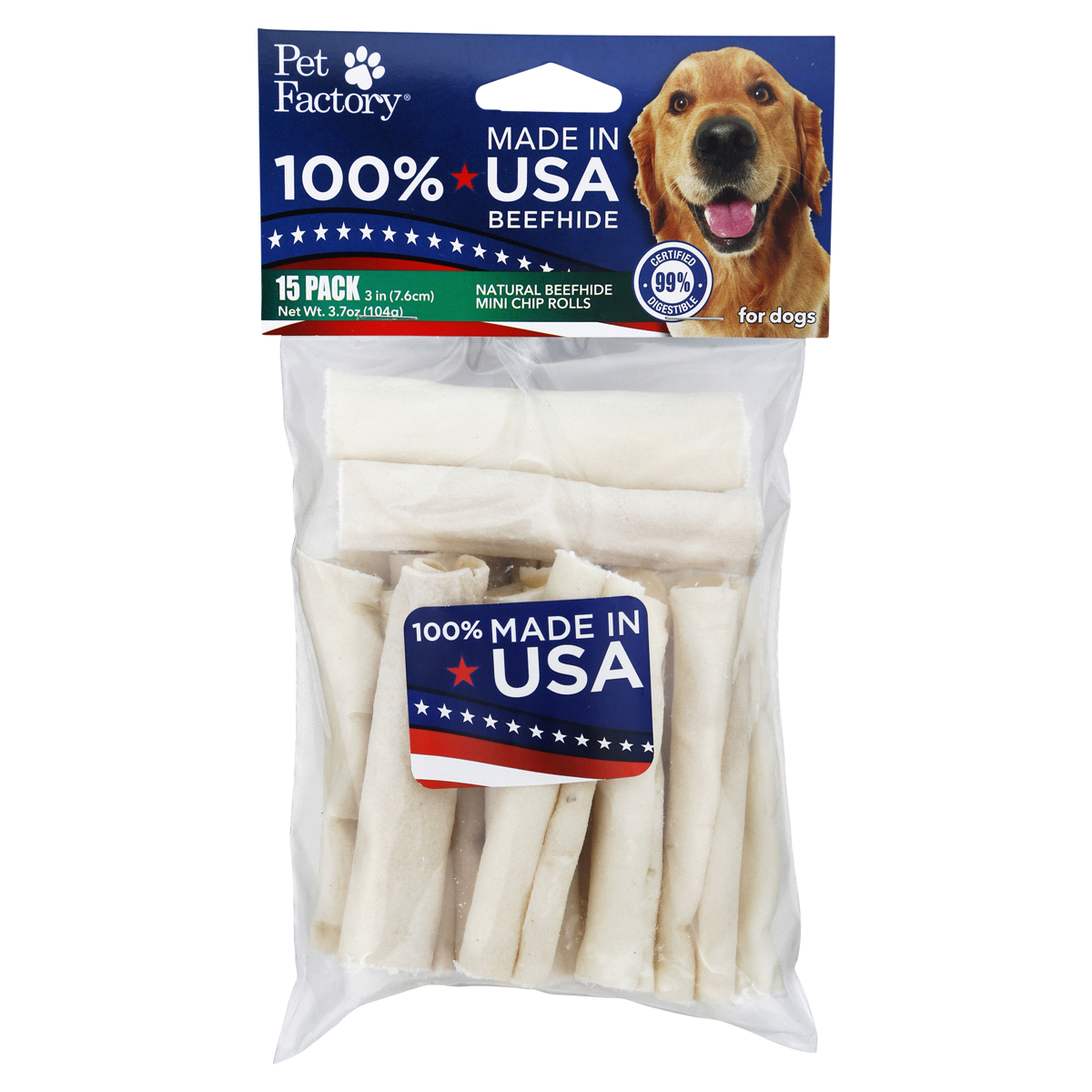 slide 1 of 5, Pet Factory American 2.5" Beefhide Chip Rolls USA Mini, 15 ct