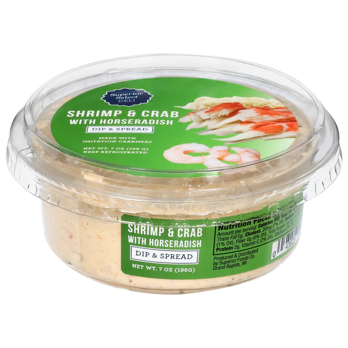 slide 1 of 13, Superior Select Shrimp & Crab with Horseradish Dip & Spread 7 oz, 7 oz
