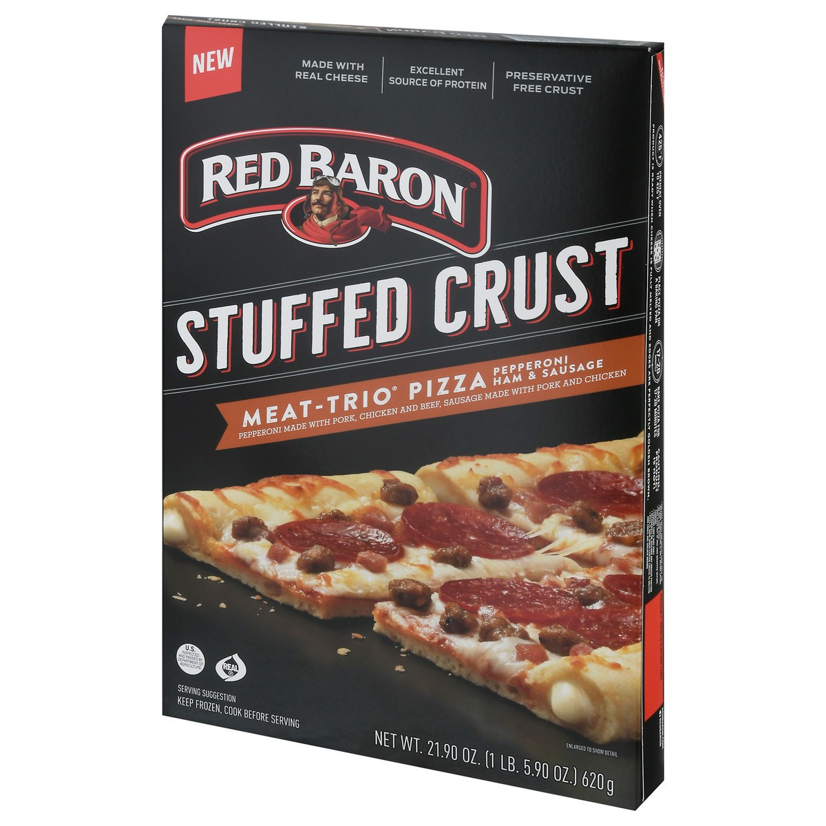 slide 8 of 10, Red Baron Pizza, Stuffed Crust Meat-Trio 21.90 oz., 21.9 oz