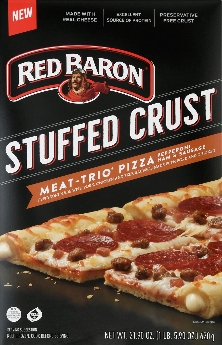 slide 2 of 10, Red Baron Pizza, Stuffed Crust Meat-Trio 21.90 oz., 21.9 oz