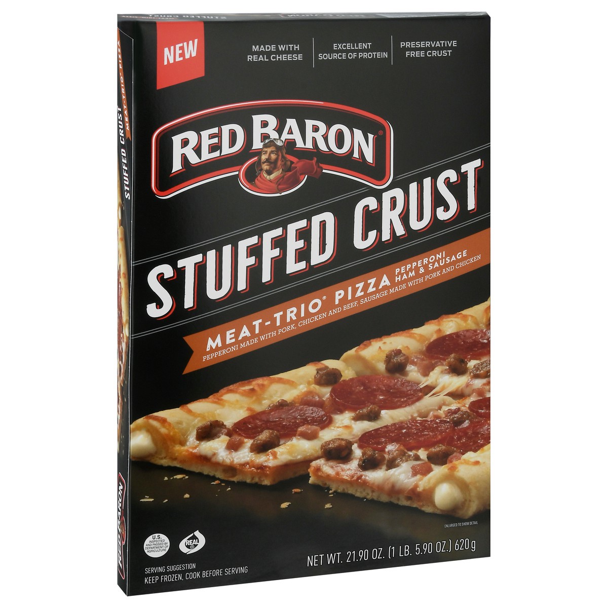slide 7 of 10, Red Baron Pizza, Stuffed Crust Meat-Trio 21.90 oz., 21.9 oz