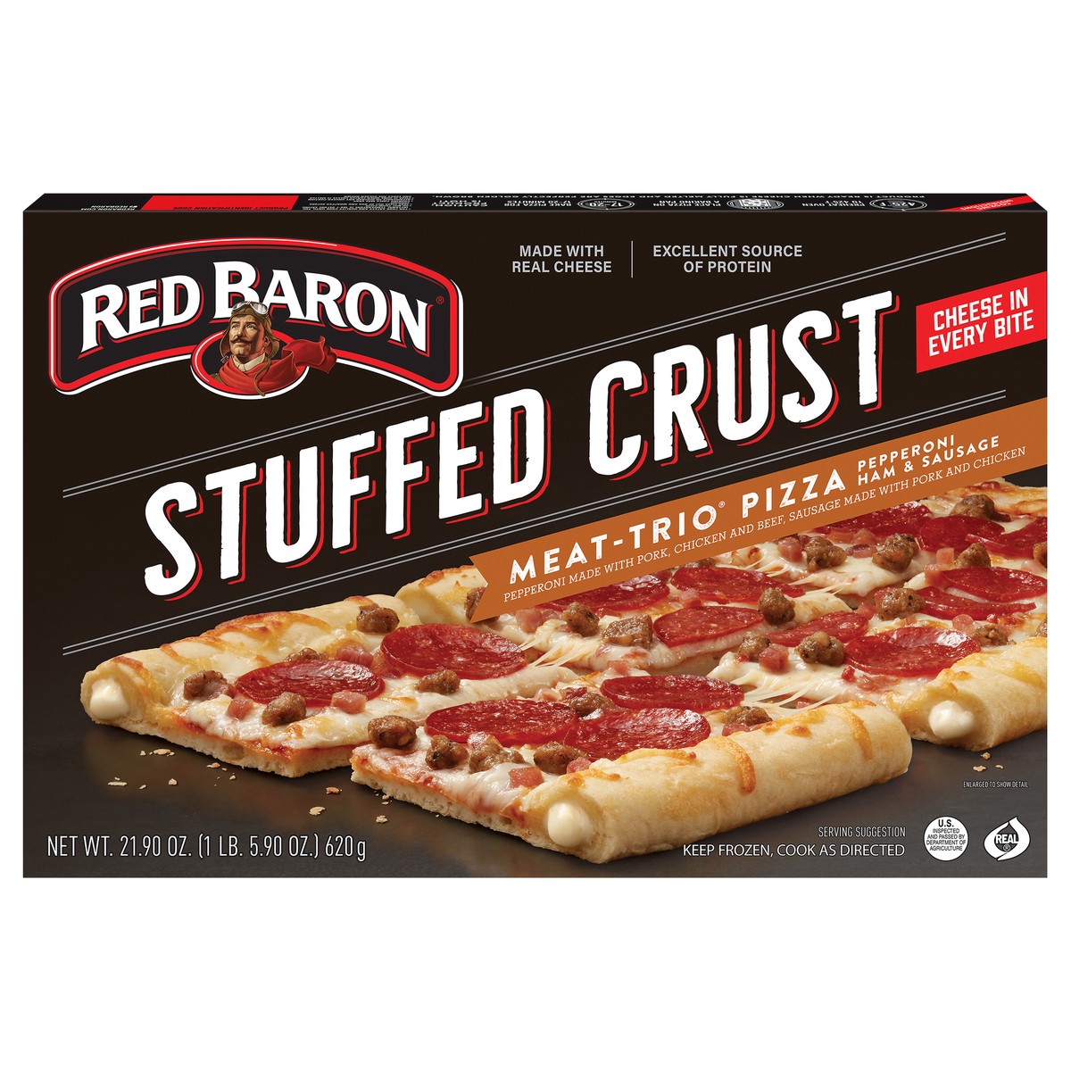 slide 1 of 10, Red Baron Pizza, Stuffed Crust Meat-Trio 21.90 oz., 21.9 oz