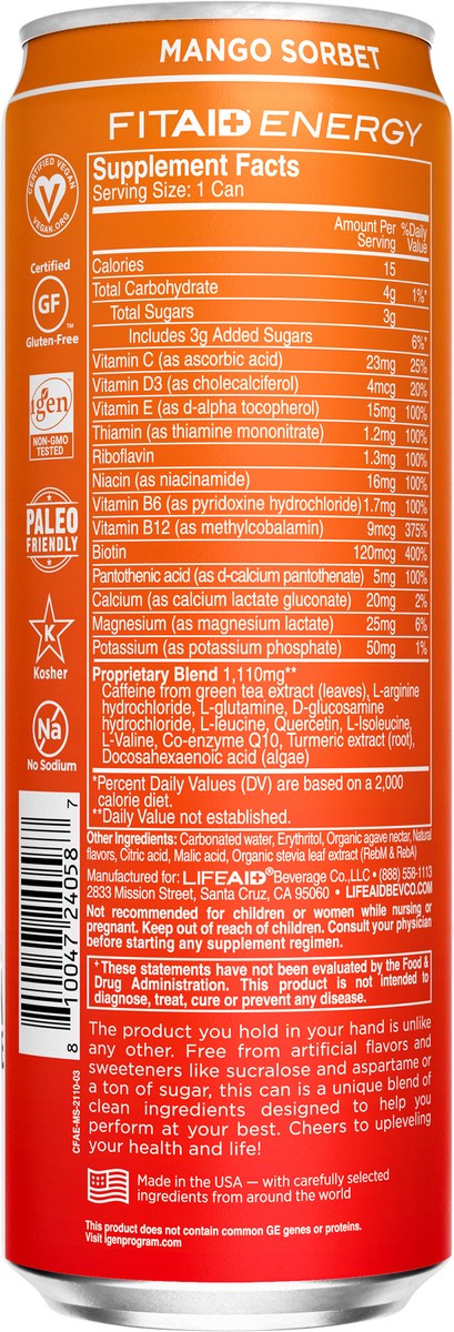 slide 3 of 11, FITAID Energy Mango Sorbet Single Can, 12 fl oz