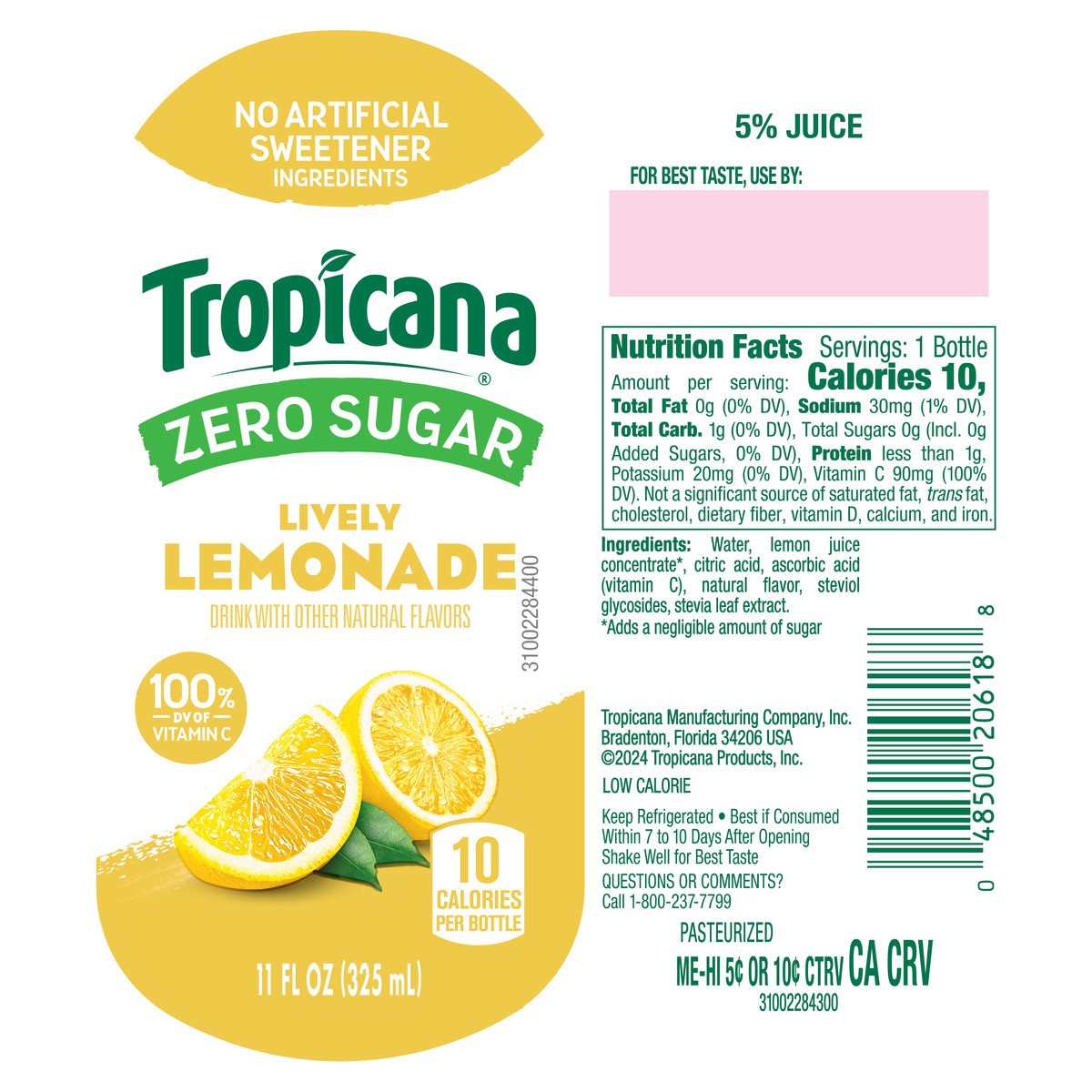 slide 5 of 8, Tropicana Premium Zero Sugar Lively Lemonade, 11 oz