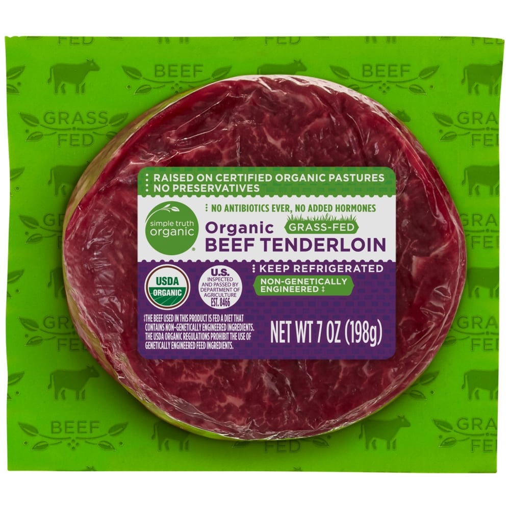 slide 1 of 1, Simple Truth Organic Grass Fed Beef Tenderloin Steak, 7 oz