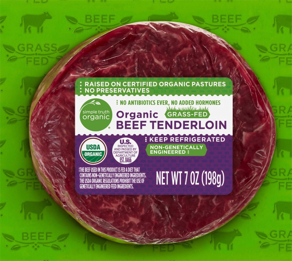 slide 1 of 2, Simple Truth Organic Grass Fed Beef Tenderloin Steak, 7 oz
