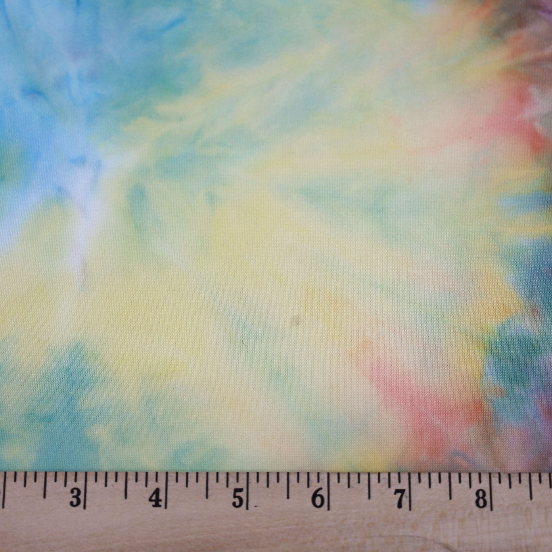 slide 3 of 3, Fabric Merchants Yellow, Peach, Gray & Blue Tie Dye Double Brushed 4-Way Stretch Fabric, 60 in