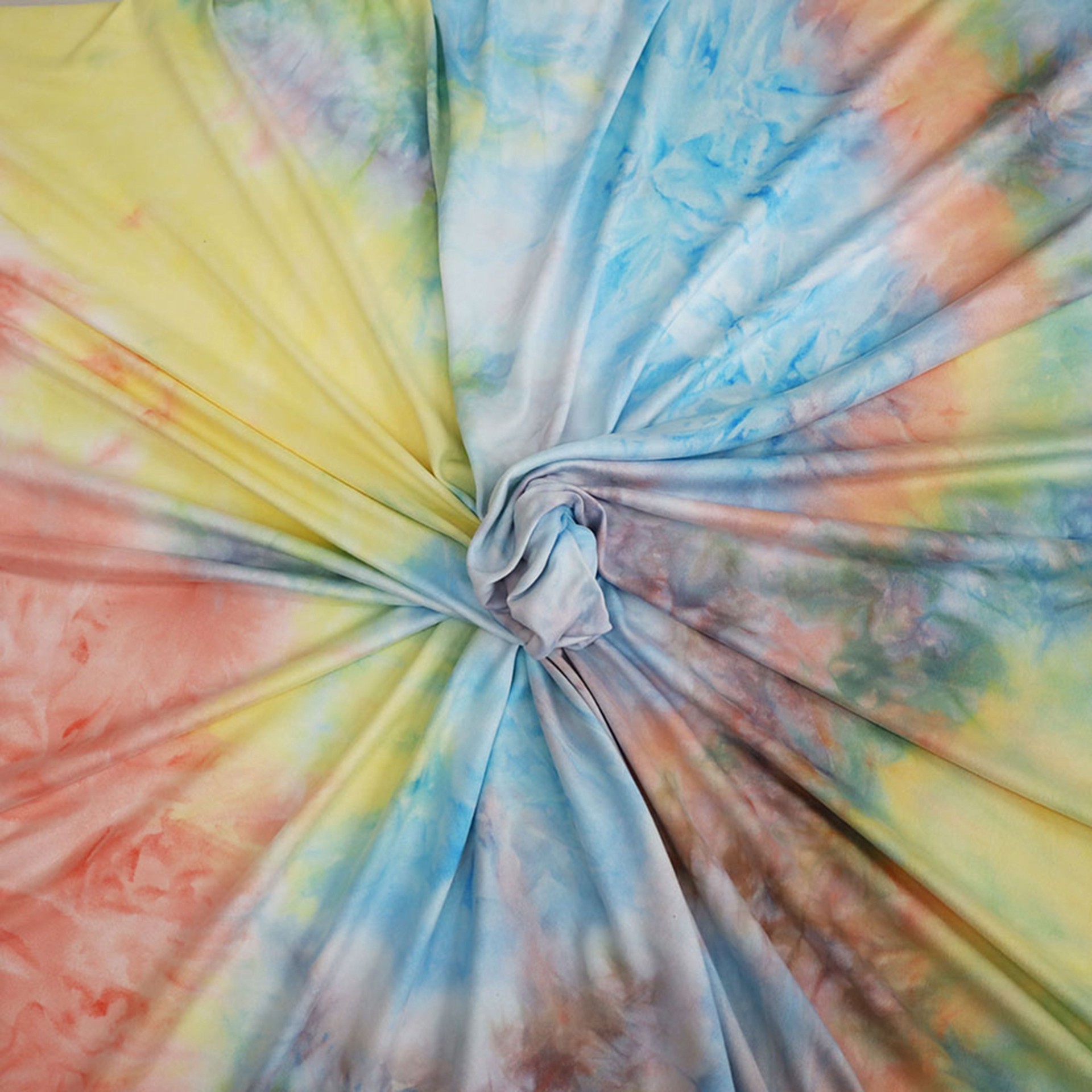 slide 2 of 3, Fabric Merchants Yellow, Peach, Gray & Blue Tie Dye Double Brushed 4-Way Stretch Fabric, 60 in