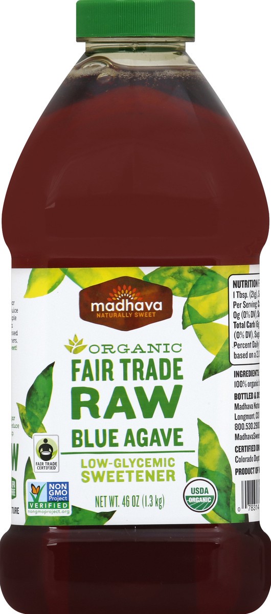 slide 2 of 2, Madhava Natural Sweeteners Madhava Sweetener, Low-Glycemic, Organic, Blue Agave, Fair Trade Raw, 46 oz