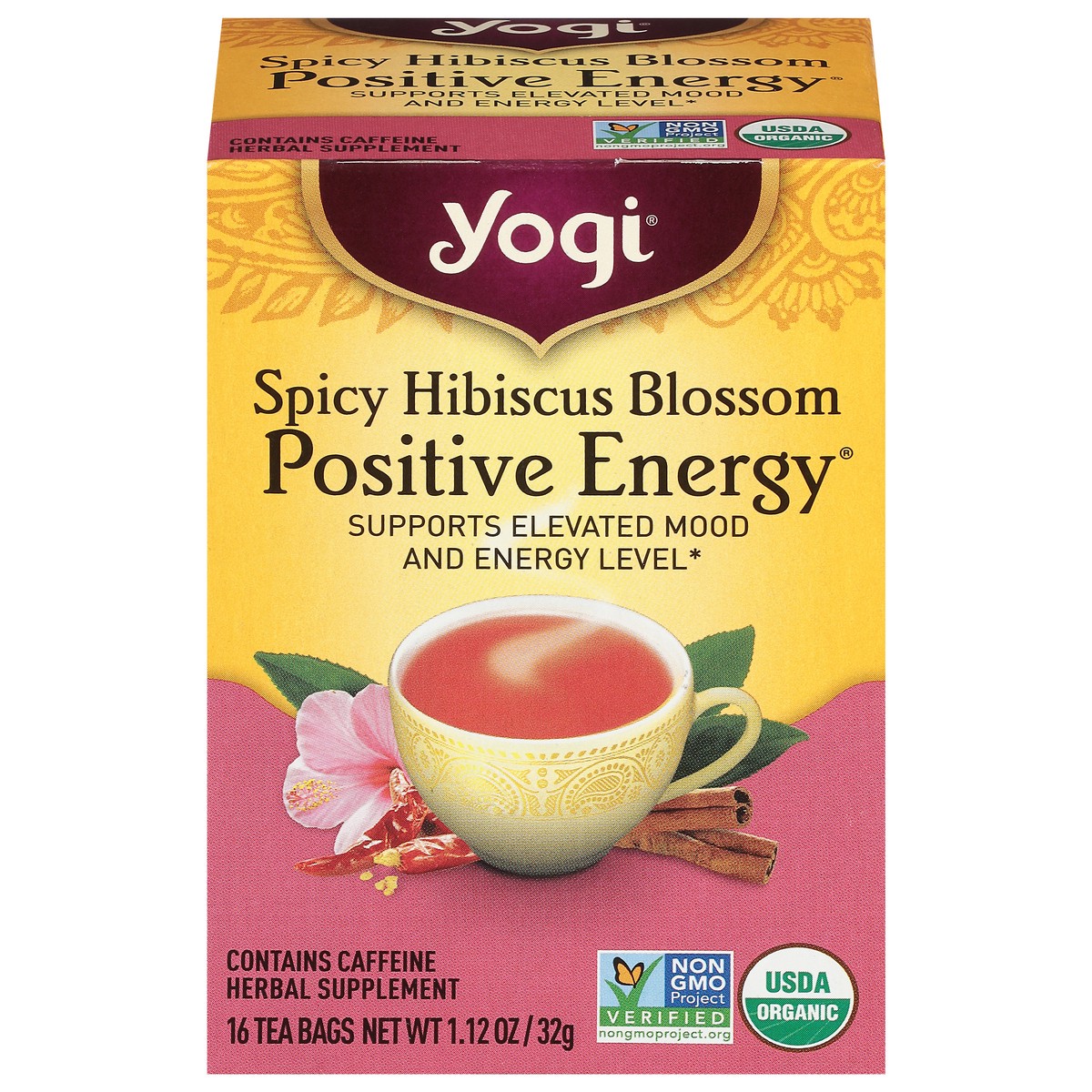 slide 1 of 9, Yogi Tea Spicy Hibiscus Blossom Positive Energy, Black Tea, Wellness Tea Bags, 16 Count, 16 ct