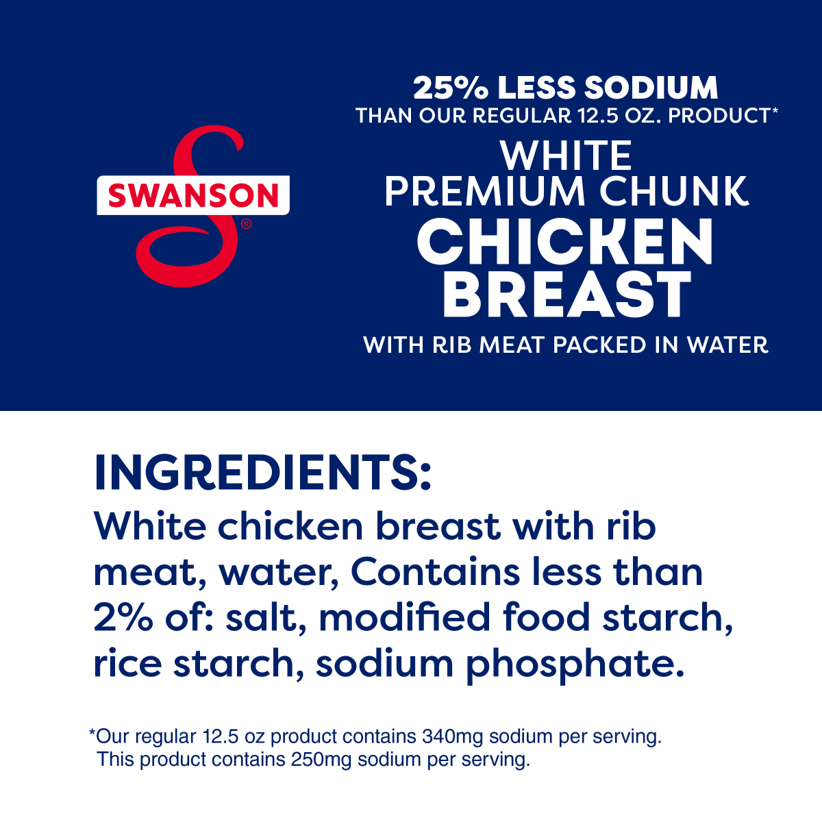 slide 9 of 29, Swanson 25% Less Sodium White Premium Chunk Canned Chicken Breast in Water, 12.5 OZ Can, 12.500 oz