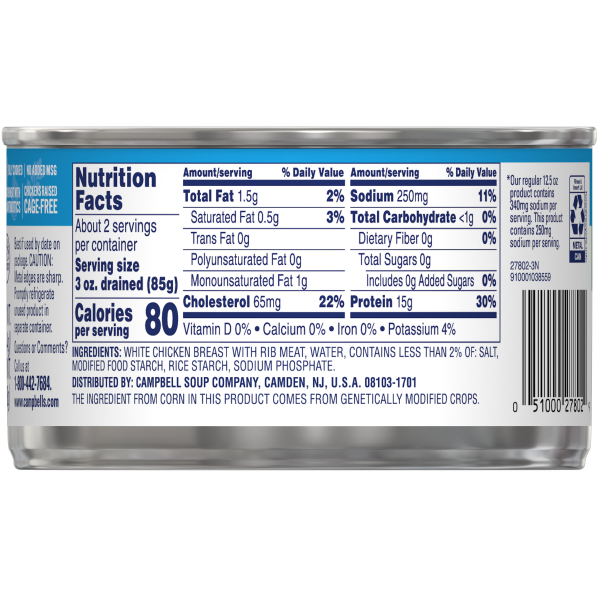 slide 24 of 29, Swanson 25% Less Sodium White Premium Chunk Canned Chicken Breast in Water, 12.5 OZ Can, 12.500 oz