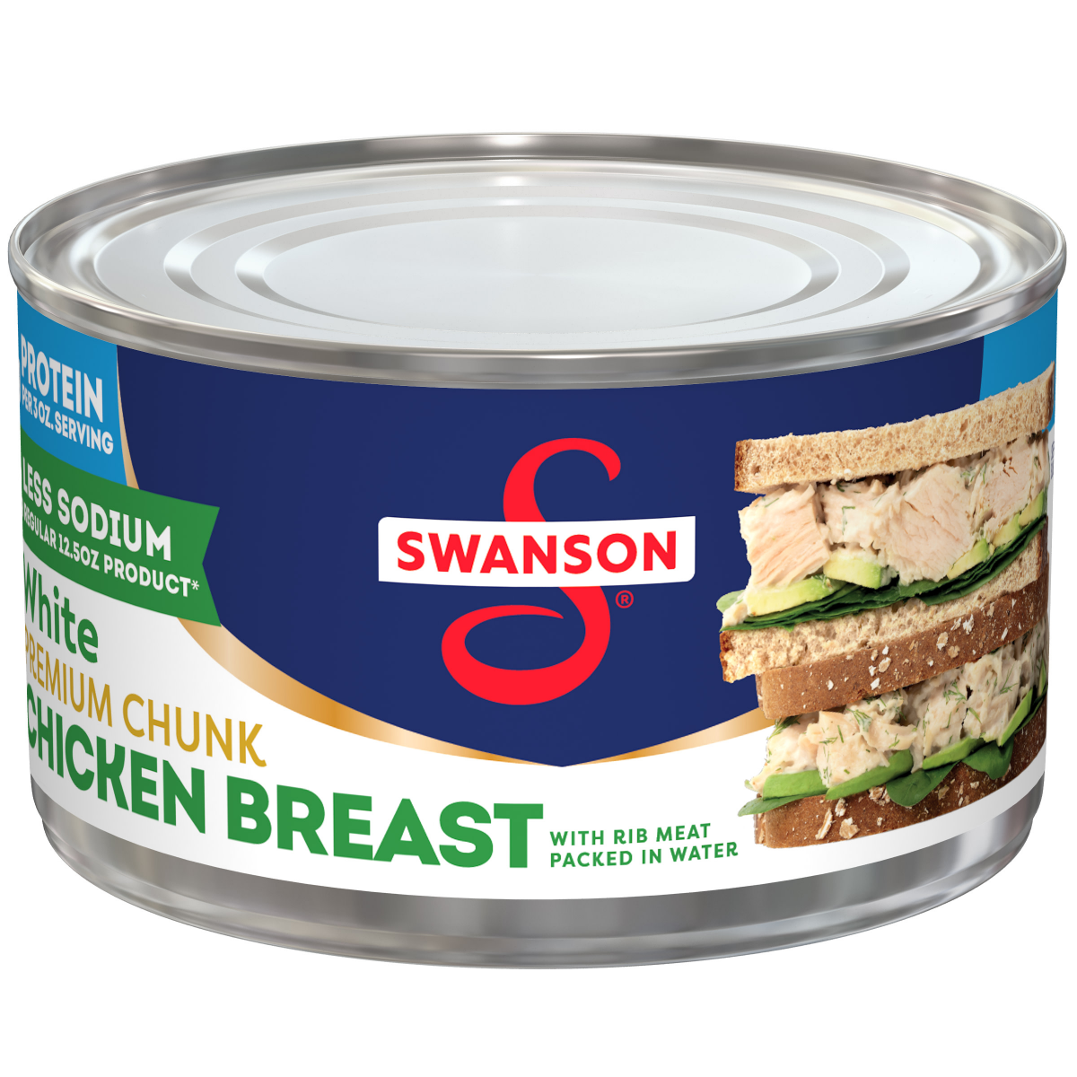 slide 1 of 29, Swanson 25% Less Sodium White Premium Chunk Canned Chicken Breast in Water, 12.5 OZ Can, 12.500 oz