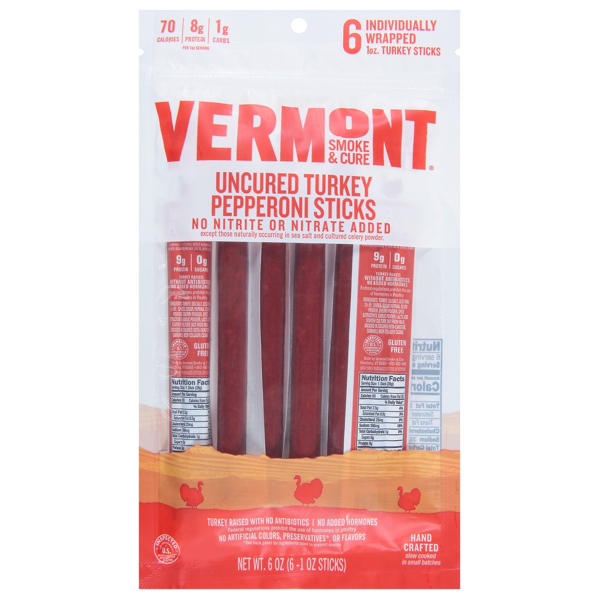 slide 1 of 12, Vermont Smoke & Cure Uncured Pepperoni Turkey Sticks, 6 Count, 6 oz