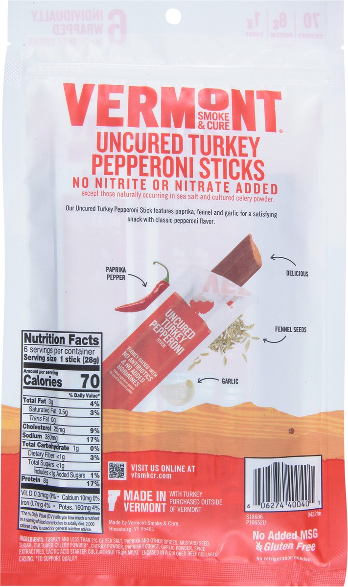 slide 4 of 12, Vermont Smoke & Cure Uncured Pepperoni Turkey Sticks, 6 Count, 6 oz