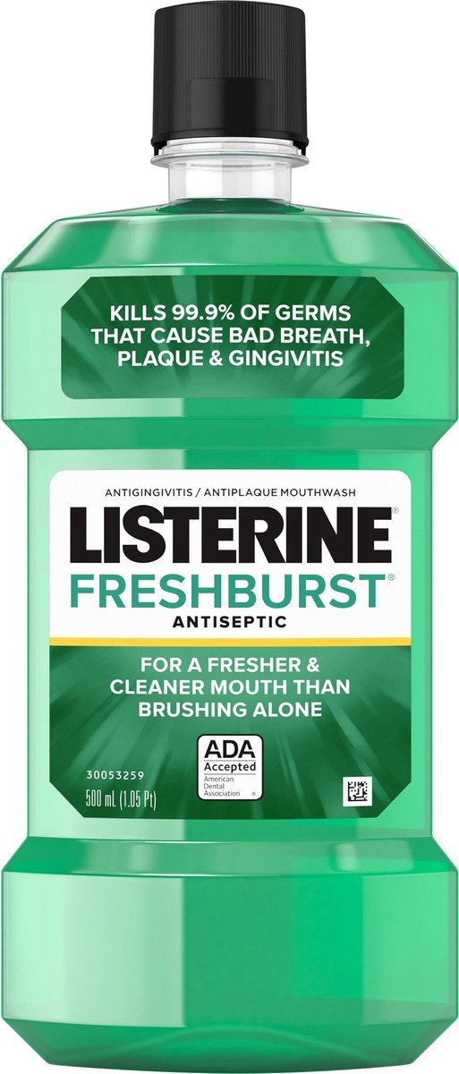 slide 7 of 12, Listerine Freshburst Antiseptic Mouthwash for Bad Breath, Kills 99% of Germs that Cause Bad Breath & Fight Plaque & Gingivitis, ADA Accepted Mouthwash, Spearmint, 500 mL, 500 ml