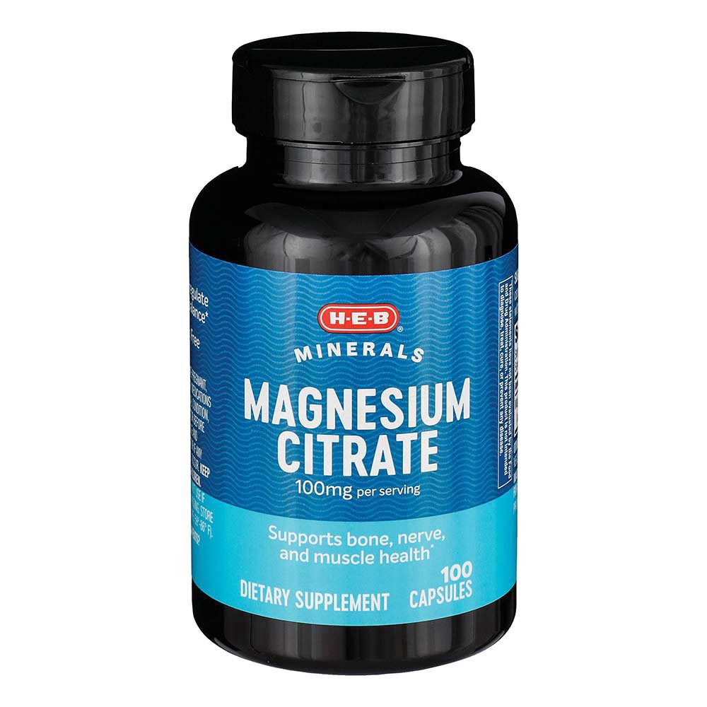 slide 1 of 1, H-E-B Magnesium Citrate 100 mg Capsules, 100 ct