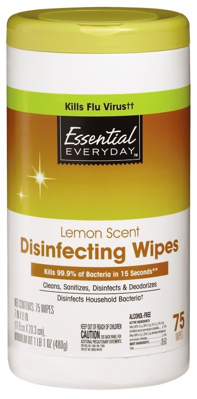 slide 1 of 1, Essential Everyday Lemon Scent Disinfecting Wipes, 75 ct