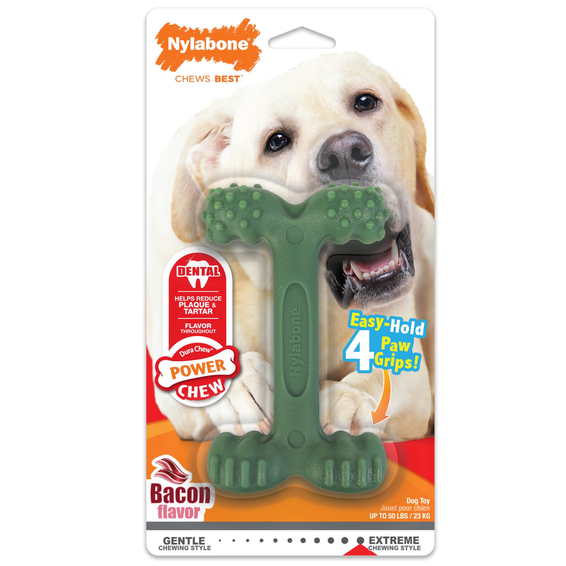 slide 1 of 9, Nylabone Power Chew Easy-Hold Dog Dental Chew Toy Bacon Large/Giant - Up to 50 lbs.(1 Count), 1 ct