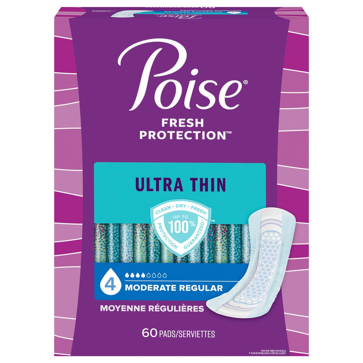 slide 2 of 11, Poise Ultra Thin Incontinence Pads & Postpartum Incontinence Pads, 4 Drop Moderate Absorbency, Regular Length, 60 Count, 60 ct