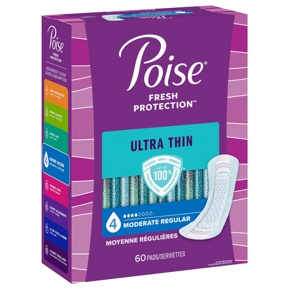 slide 7 of 11, Poise Ultra Thin Incontinence Pads & Postpartum Incontinence Pads, 4 Drop Moderate Absorbency, Regular Length, 60 Count, 60 ct