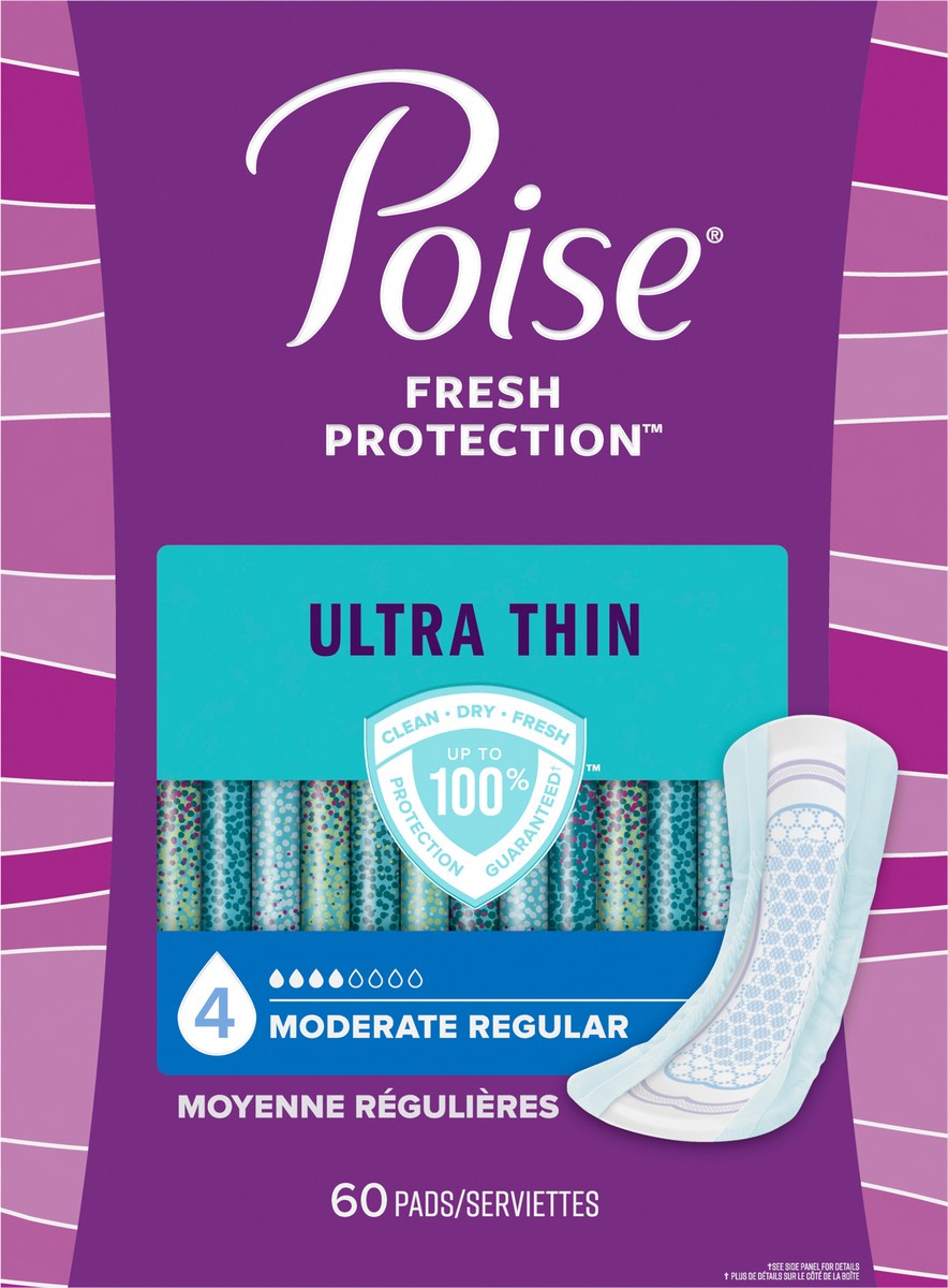 slide 4 of 11, Poise Ultra Thin Incontinence Pads & Postpartum Incontinence Pads, 4 Drop Moderate Absorbency, Regular Length, 60 Count, 60 ct