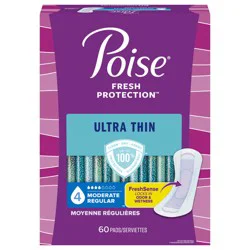 Poise Ultra Thin Incontinence Pads & Postpartum Incontinence Pads, 4 Drop Moderate Absorbency, Regular Length, 60 Count