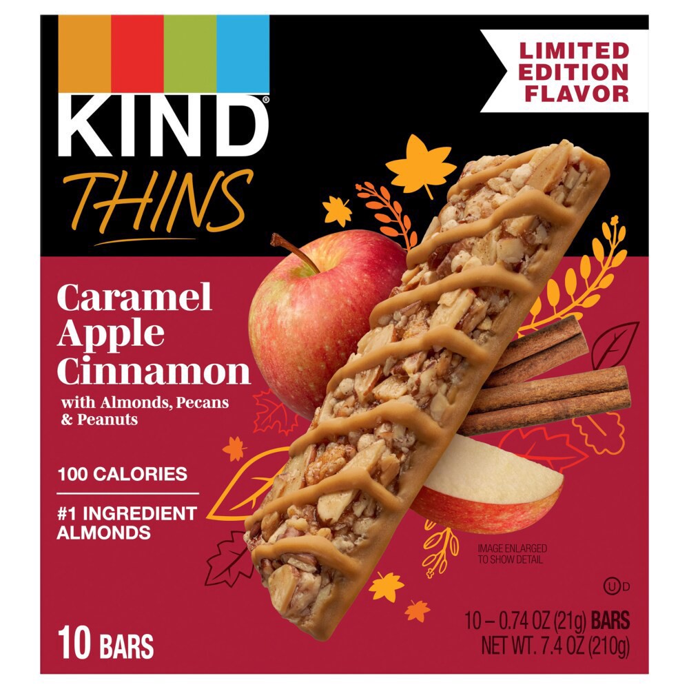 slide 1 of 1, KIND THINS Caramel Apple Cinnamon Bars, Gluten Free Bars, 4g Sugar, 0.74 OZ Bars (10 Count), 10 ct