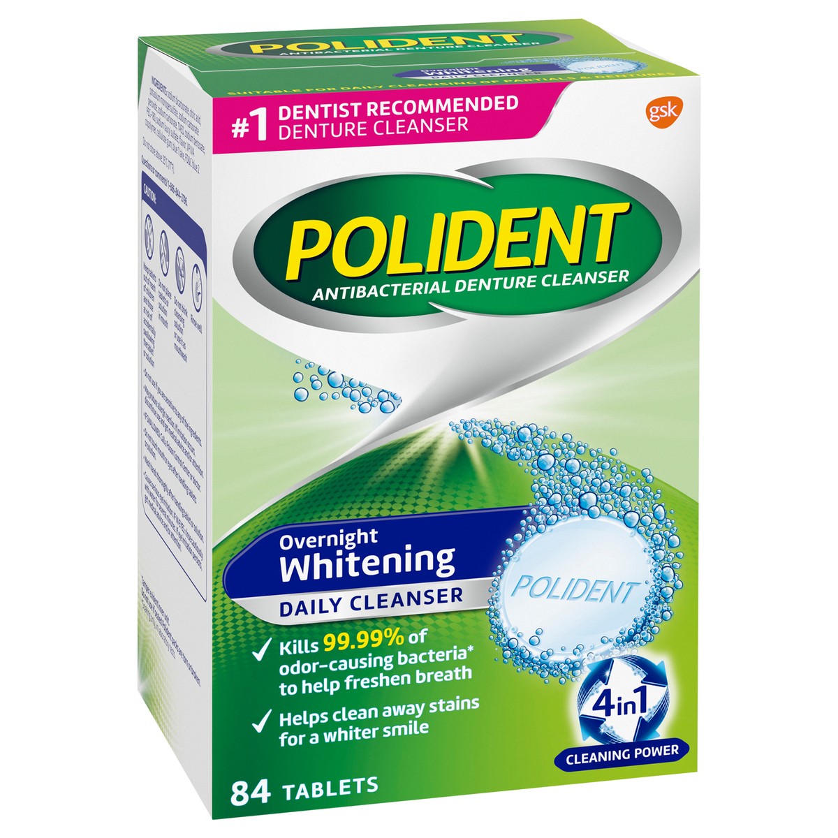 slide 4 of 10, Polident Tablets 4 in 1 Whitening Overnight Antibacterial Denture Cleanser 84 ea, 84 ct