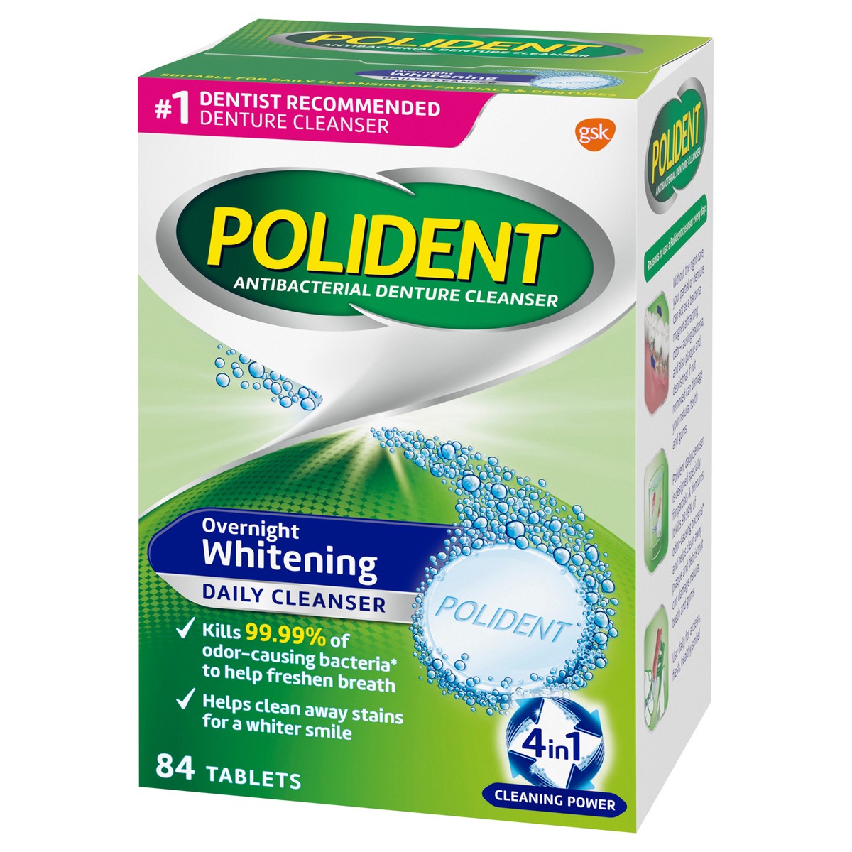 slide 6 of 10, Polident Tablets 4 in 1 Whitening Overnight Antibacterial Denture Cleanser 84 ea, 84 ct