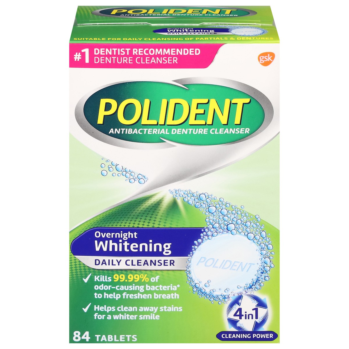 slide 1 of 10, Polident Tablets 4 in 1 Whitening Overnight Antibacterial Denture Cleanser 84 ea, 84 ct