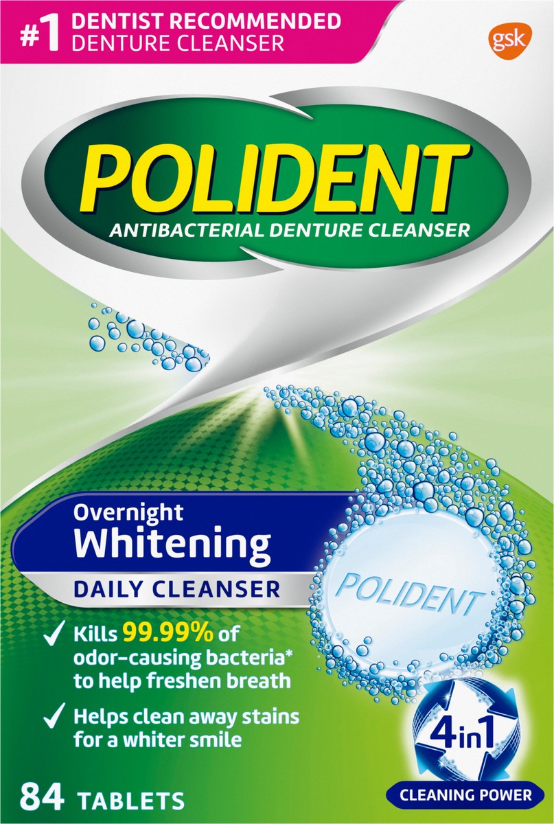 slide 3 of 10, Polident Tablets 4 in 1 Whitening Overnight Antibacterial Denture Cleanser 84 ea, 84 ct